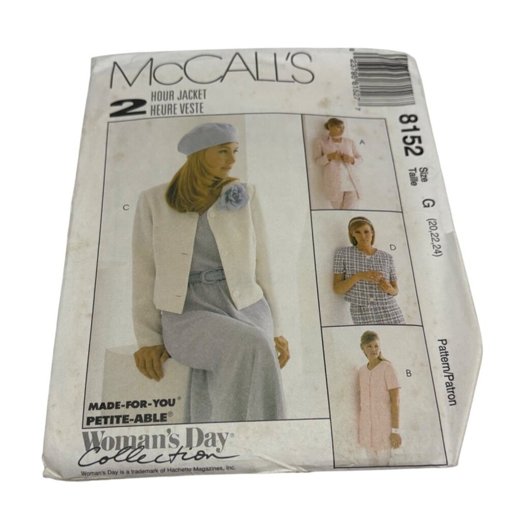 McCalls 2 Hour Jacket Sewing Pattern 8152 Womens Day Collection Size 20 22 24
